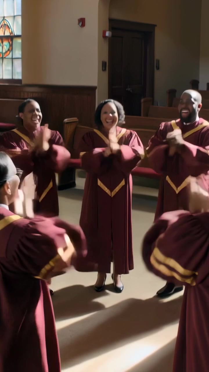 Video verticale: Telecamera che si inclina mostrando un coro che applaude e canta per il culto in una cappella, con tuniche bordeaux.