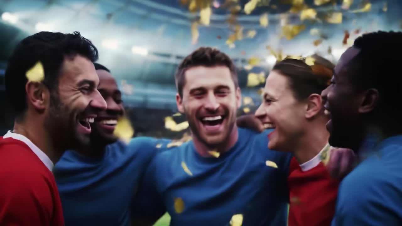 A Heartfelt Celebration: Team Members Embrace with Joy and Triumph in a Sports Moment Filled with Confetti and Exuberance