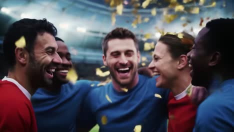 a heartfelt celebration: team members embrace with joy and triumph in a sports moment filled with confetti and exuberance