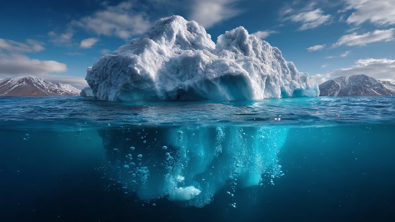 A Majestic Iceberg Emerging from the Crystal-Clear Waters, Showcasing a Stunning Landscape of Glacial Beauty and Tranquil Skies in a Serene Arctic Environment