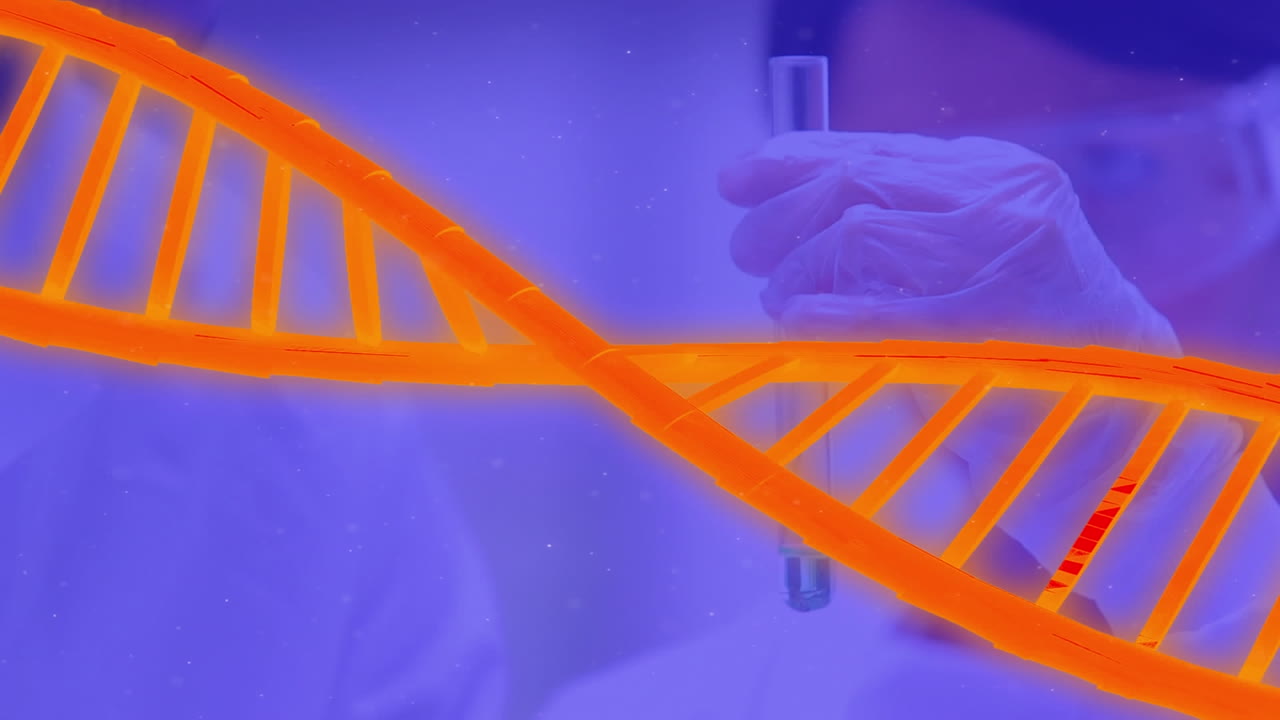 animación de la cadena de adn girando sobre el científico en el laboratorio
