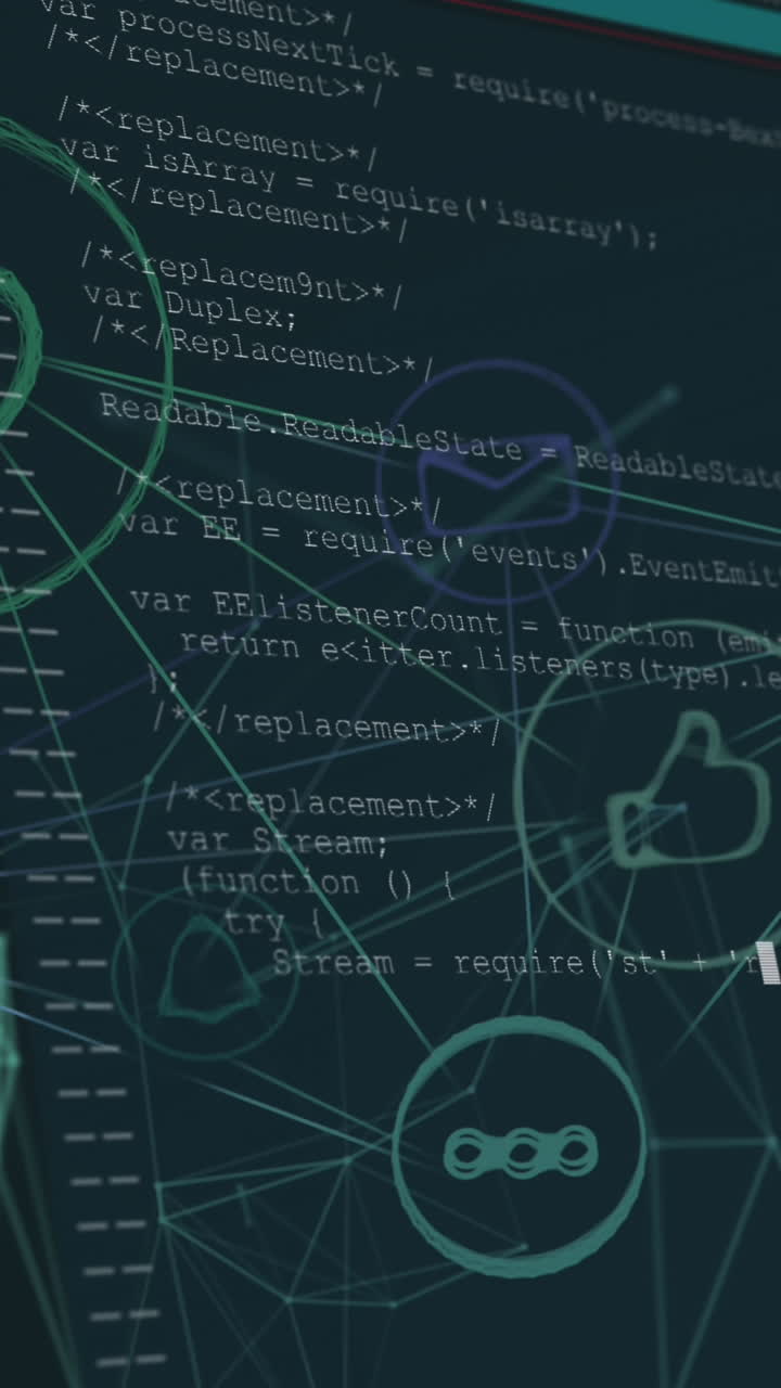 Animation of interface with connected social media icons and information moving on black background