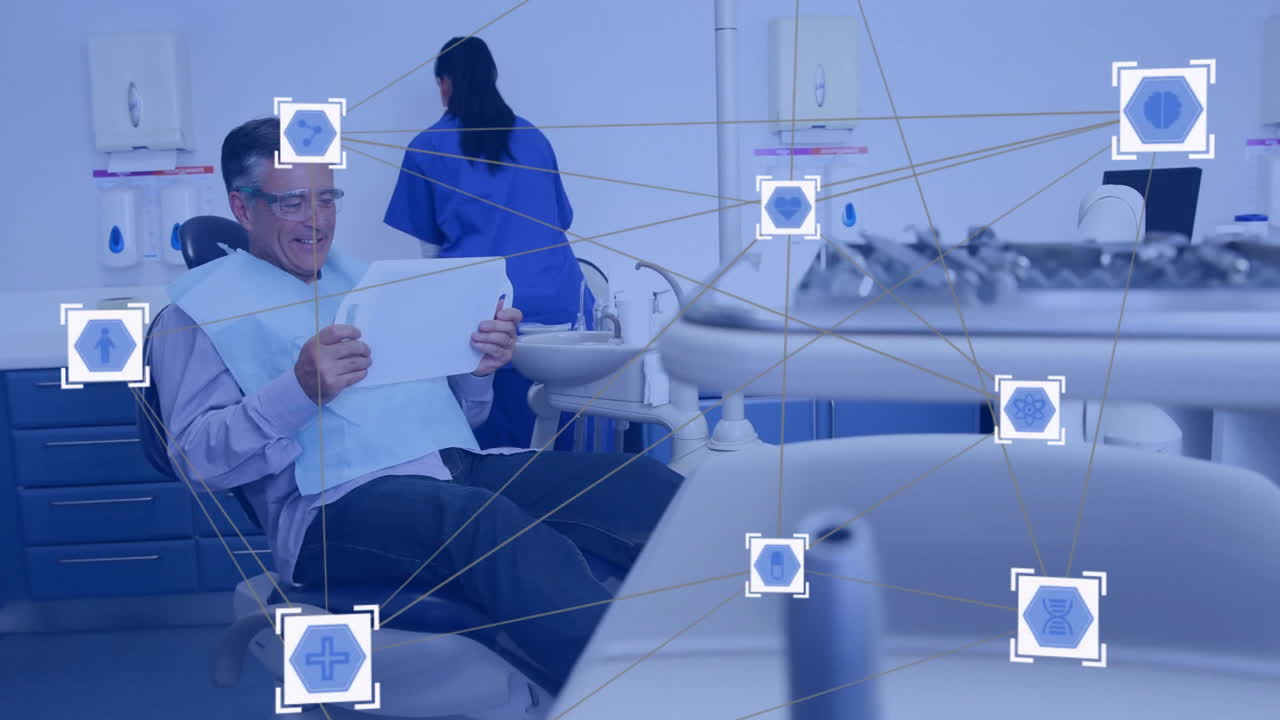 치과 클리닉에 앉아있는 사람 위의 의료 네트워크 및 데이터 처리 애니메이션