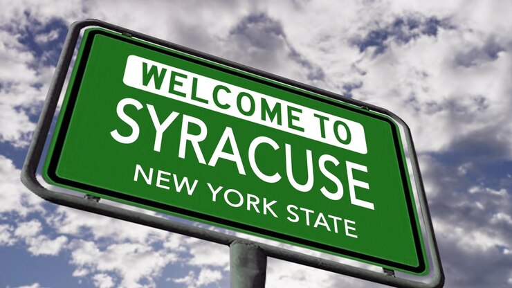 Benvenuti a Syracuse, Stato di New York. Cartello stradale di città USA in primo piano, animazione 3D realistica