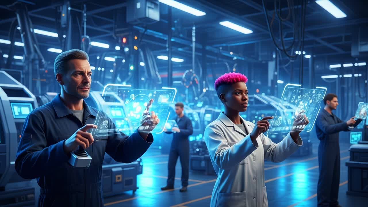 In a futuristic laboratory, diverse scientists interact with advanced holographic technology, showcasing the innovative spirit of modern-day research and collaboration