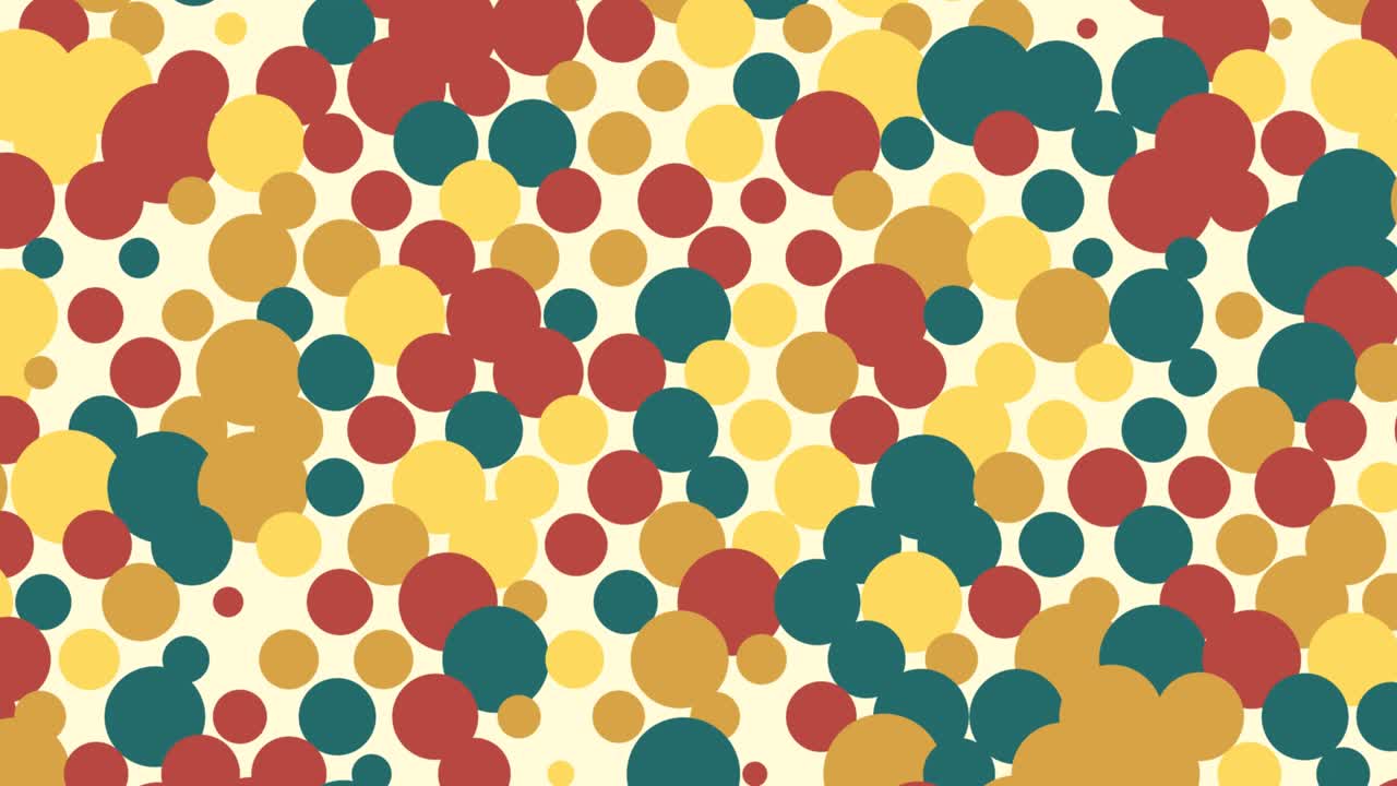 Colorful polka dots scroll up on a cream-yellow background.
