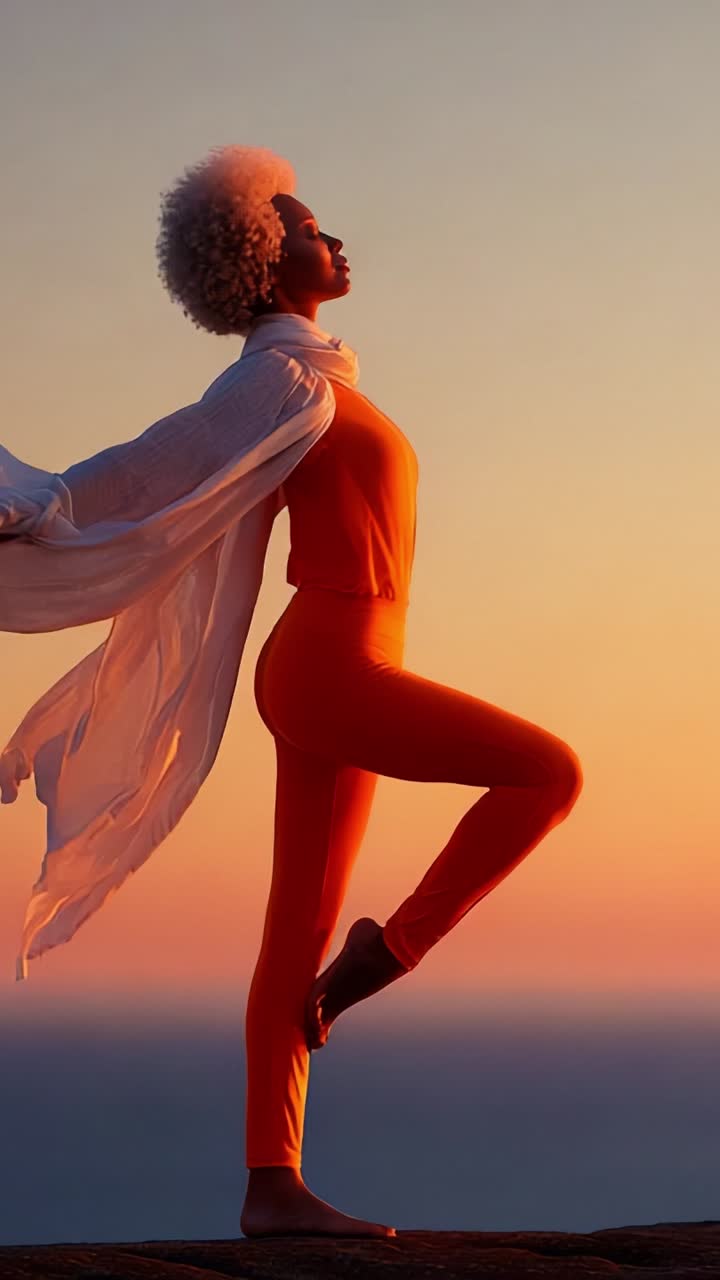 En yndefuld positur ved solnedgang: Indfang motivets sindsro og styrke midt i en levende solnedgang med flydende stof i inspirerende omgivelser