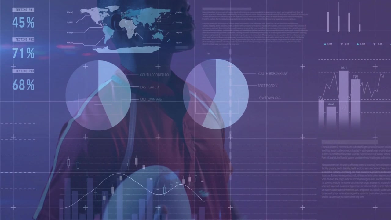 man analyzing data in technology interface, with animated world map, bar graphs, circular charts