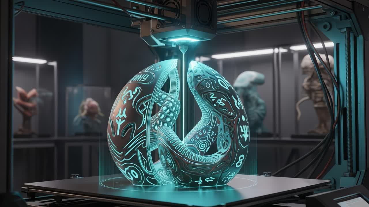 A Stunning 3D Printing Process Capturing an Intricately Designed Hybrid Object Under Soft Light, Highlighting Details and Innovation in Modern Technology