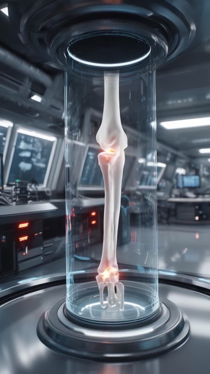 High-Tech Display of a Futuristic Bone Structure in a Sci-Fi Laboratory Environment with Advanced Monitoring Equipment and Enhanced Visualization Technology