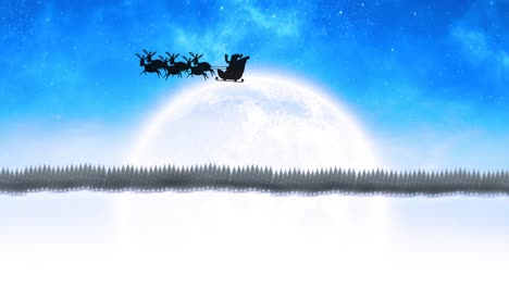 Animation-of-santa-claus-in-sleigh-with-reindeer-over-moon-and-sky