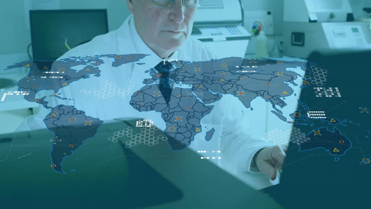 Senior scientist typing on keyboard and activating translucent world map for global data analysis