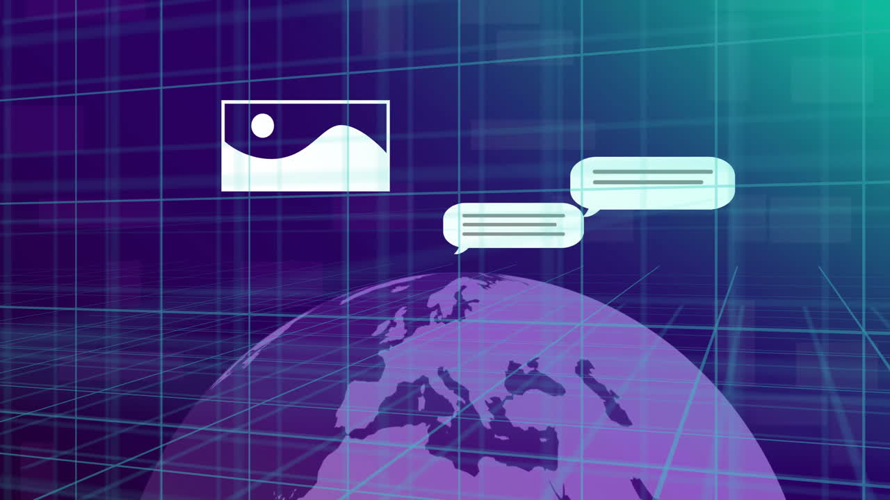 채팅 거품과 이미지 아이콘으로 전 세계에 대한 디지털 커뮤니케이션 애니메이션