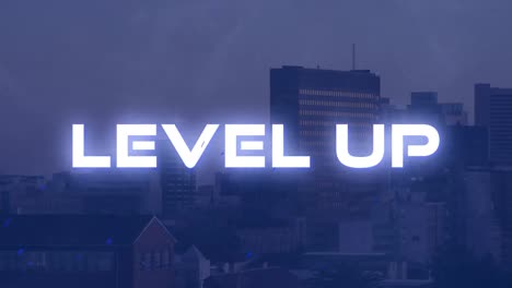 Animation-of-level-up-text-in-glowing-white,-with-blue-sparks-over-cityscape-on-blue-screen