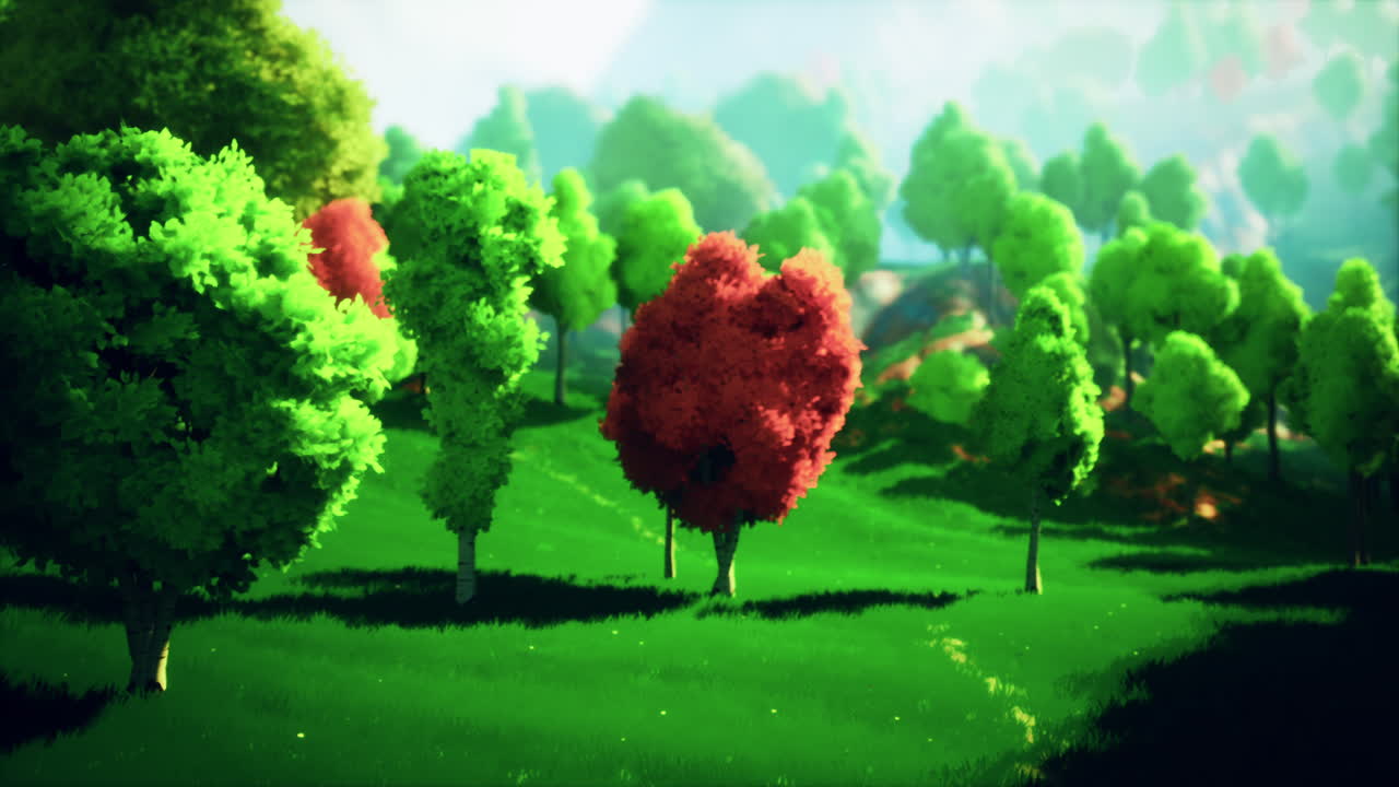 colorful cartoon forest at sunset