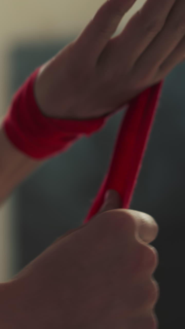 Man wraps hand with fabric strip for boxing in gym. Professional sportsman uses protective bandage for palms in martial arts club slow motion