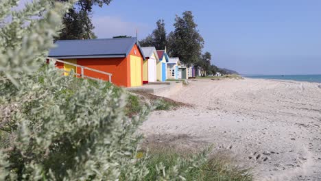 vibrant beach boxes along a sandy coastline