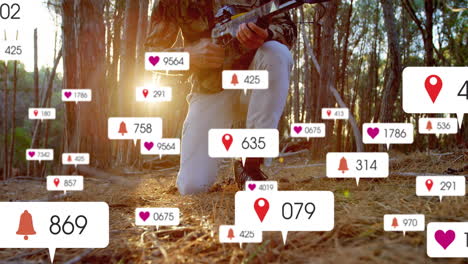 soldier kneeling holding rifle in pine forest, featuring floating notification icons for technology