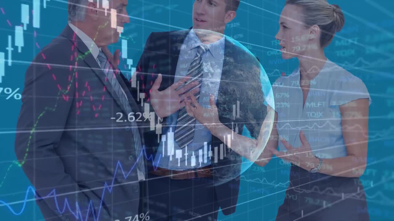 Animação de processamento de dados financeiros sobre um grupo diverso de pessoas de negócios