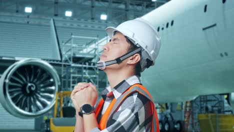 vista lateral cercana de un ingeniero masculino asiático con casco de seguridad reza por algo mientras está de pie con el avión en el hangar