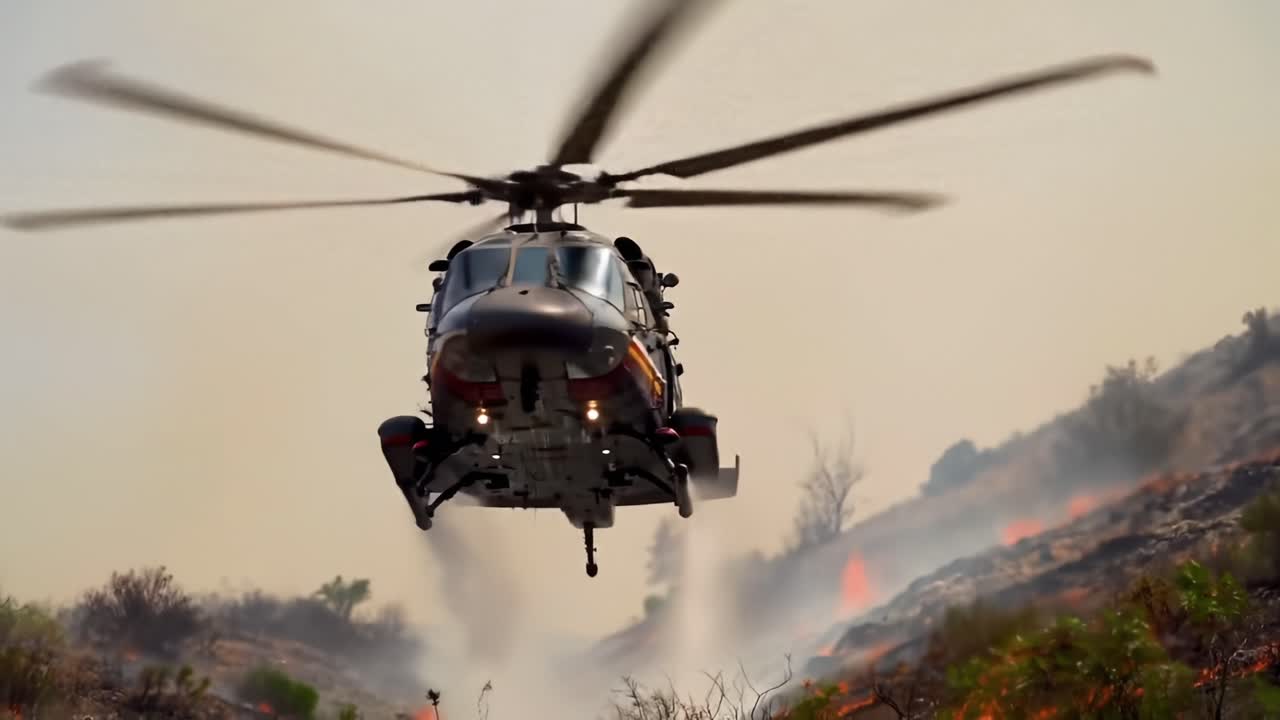 Helicopter Battling Intense Wildfires in a Dry Landscape During the Afternoon