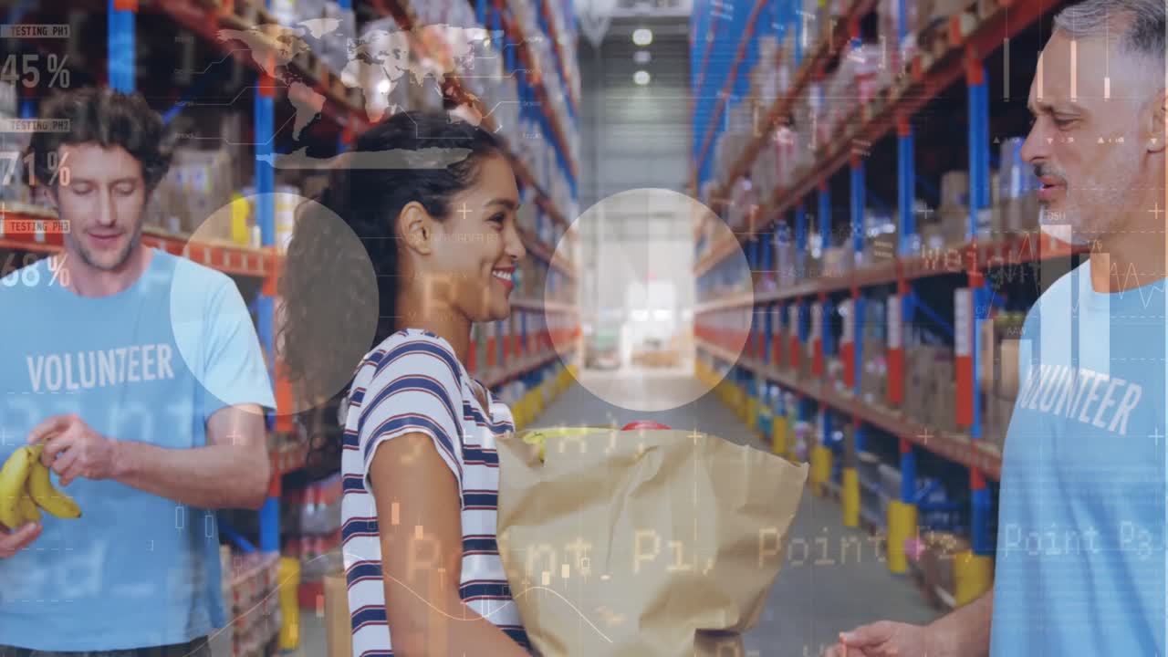 procesamiento de datos estadísticos sobre una mujer afroamericana donando a un voluntario caucásico