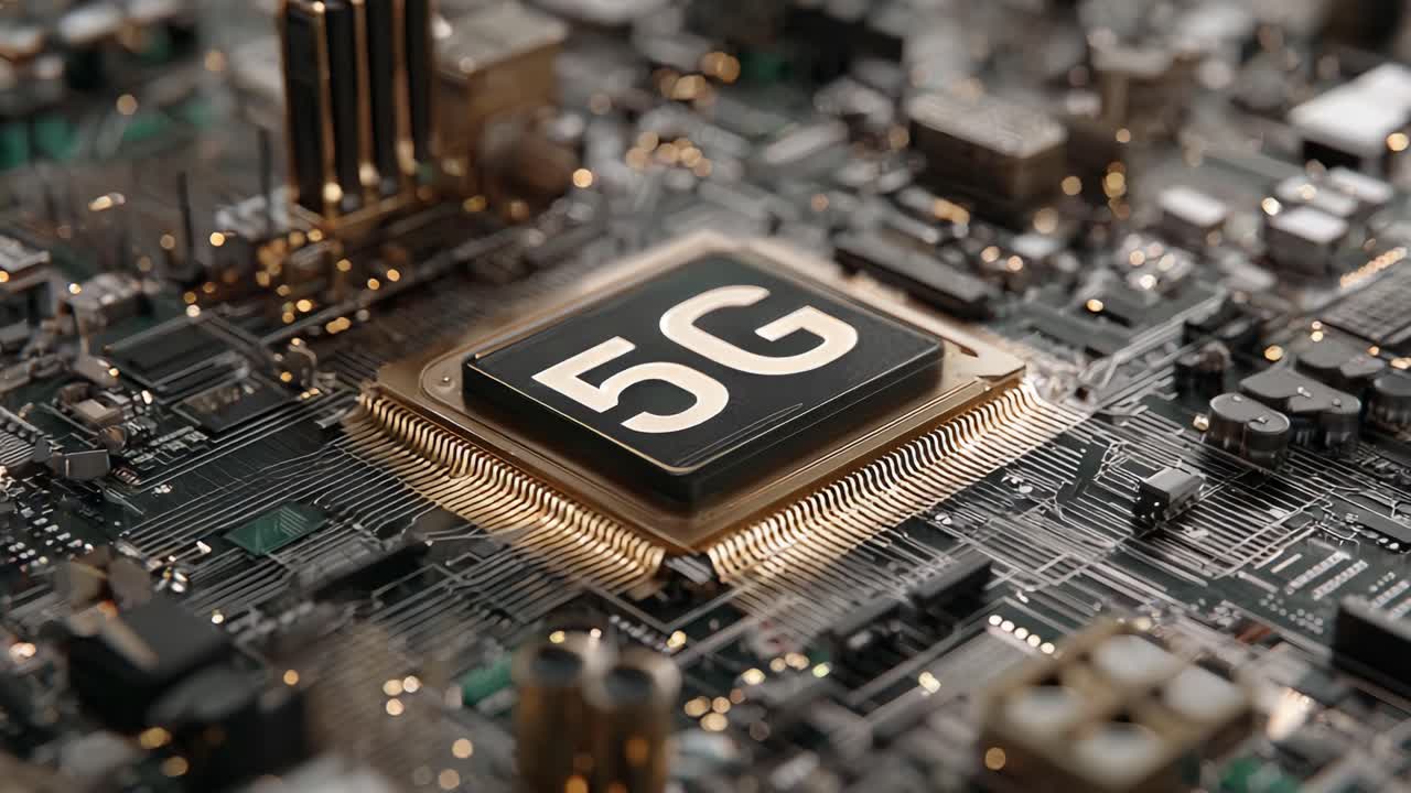Primo piano di un chip 5G ad alte prestazioni su un circuito stampato, che mette in risalto la tecnologia avanzata e i componenti utilizzati nelle moderne telecomunicazioni