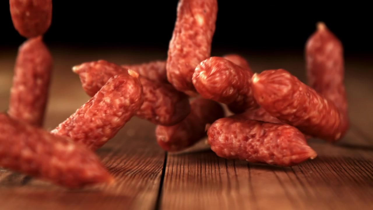 Mini salami che cadono al rallentatore su un tavolo di legno rustico