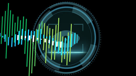 animation of data processing against cyber security text banner and eye retina scanner