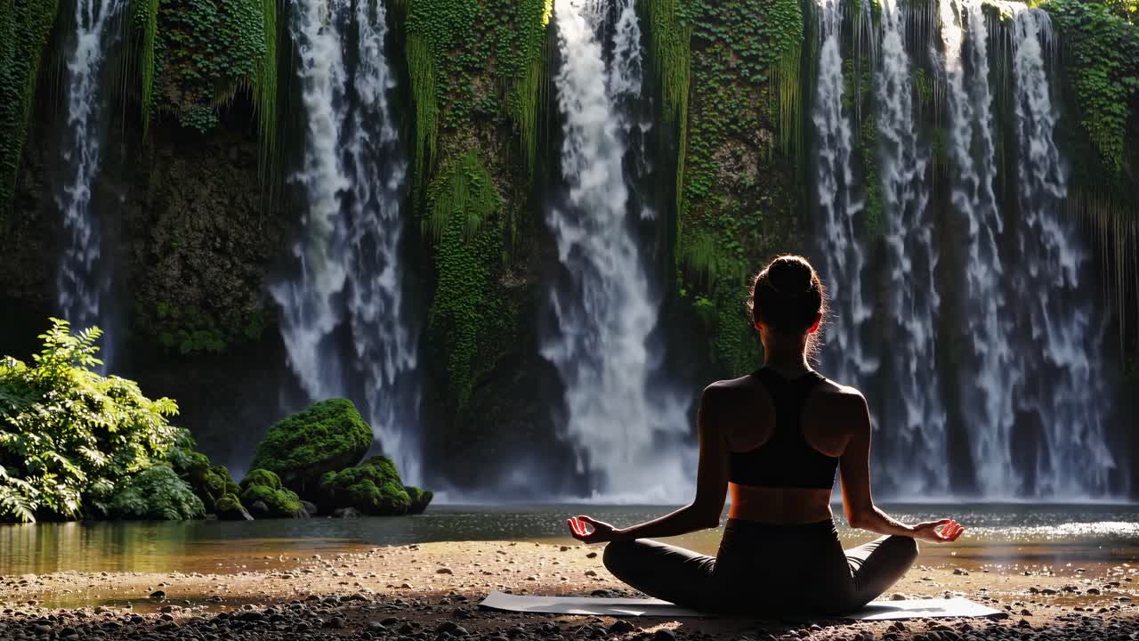 A serene video scene of a woman meditating by a waterfall. Captured from behind at eye level