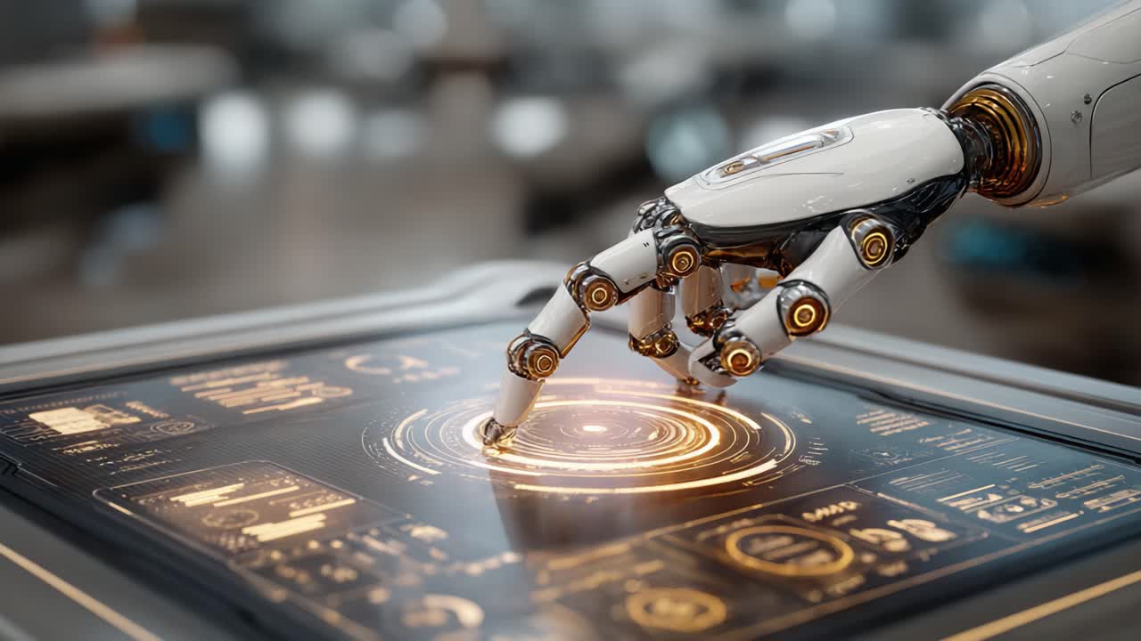 An Advanced Robotic Hand Interacting with a Futuristic Touchscreen Interface, Showcasing the Integration of Technology and Artificial Intelligence in Modern Devices