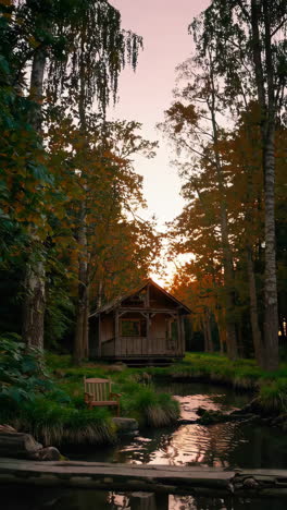 rustic cabin by a stream at sunset