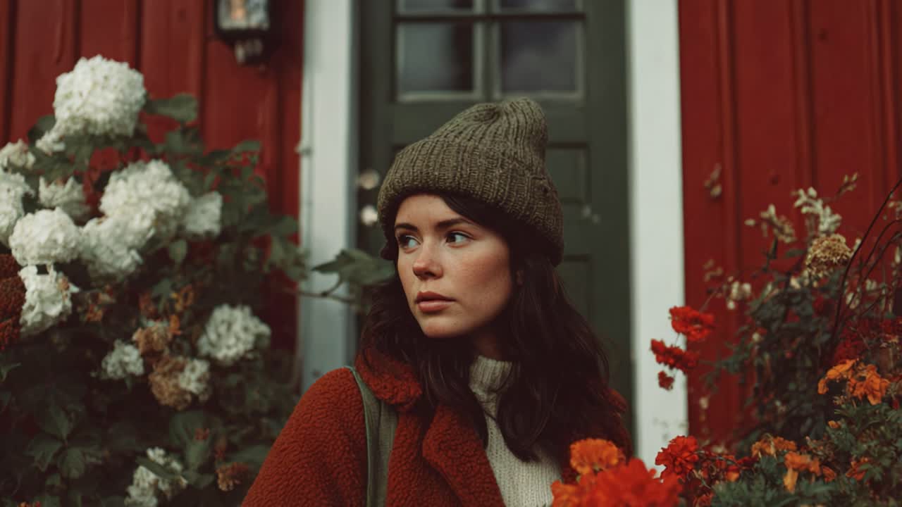 A Thoughtful Woman Surrounded by Vibrant Flowers and Rustic Red Walls, Capturing the Essence of Nature and Fashion in a Beautiful Outdoor Setting