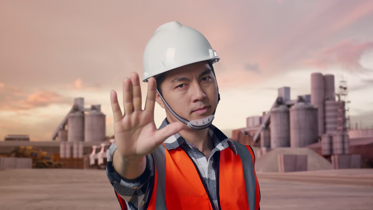 Primo piano di un ingegnere asiatico con casco di sicurezza che disapprova, mentre si trova in un impianto industriale di cemento con autobetoniere al tramonto.