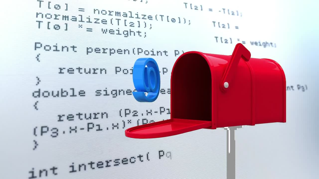 An at coming out of letter box with internet vocabulary on background