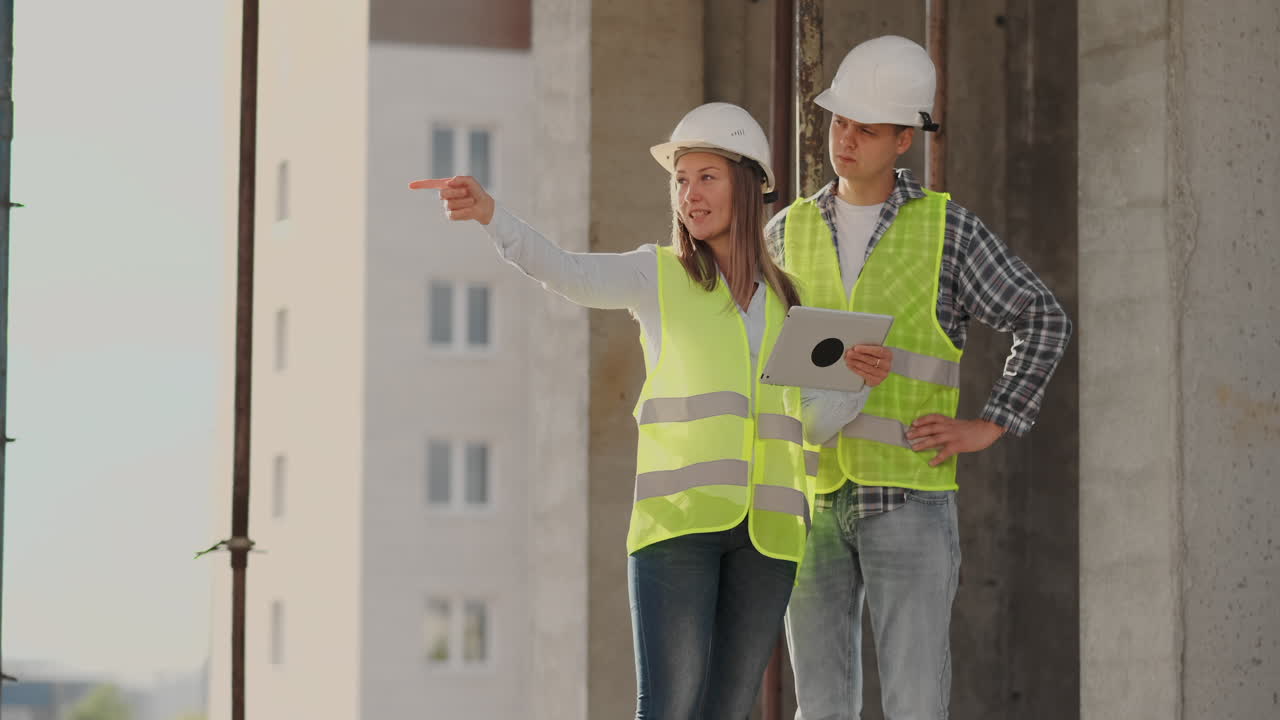 Construction worker man and architect woman in a helmet discuss the plan of construction of house tell each other about the design holding a tablet look at the drawings background of sun rays.