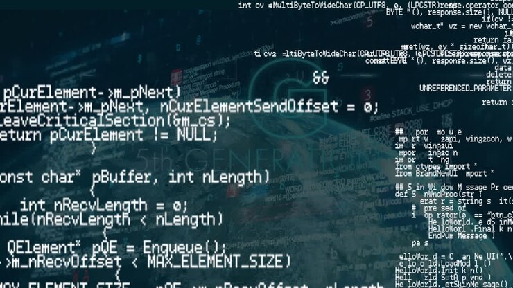 Animation of data processing and 5th generation text with globe on blue background