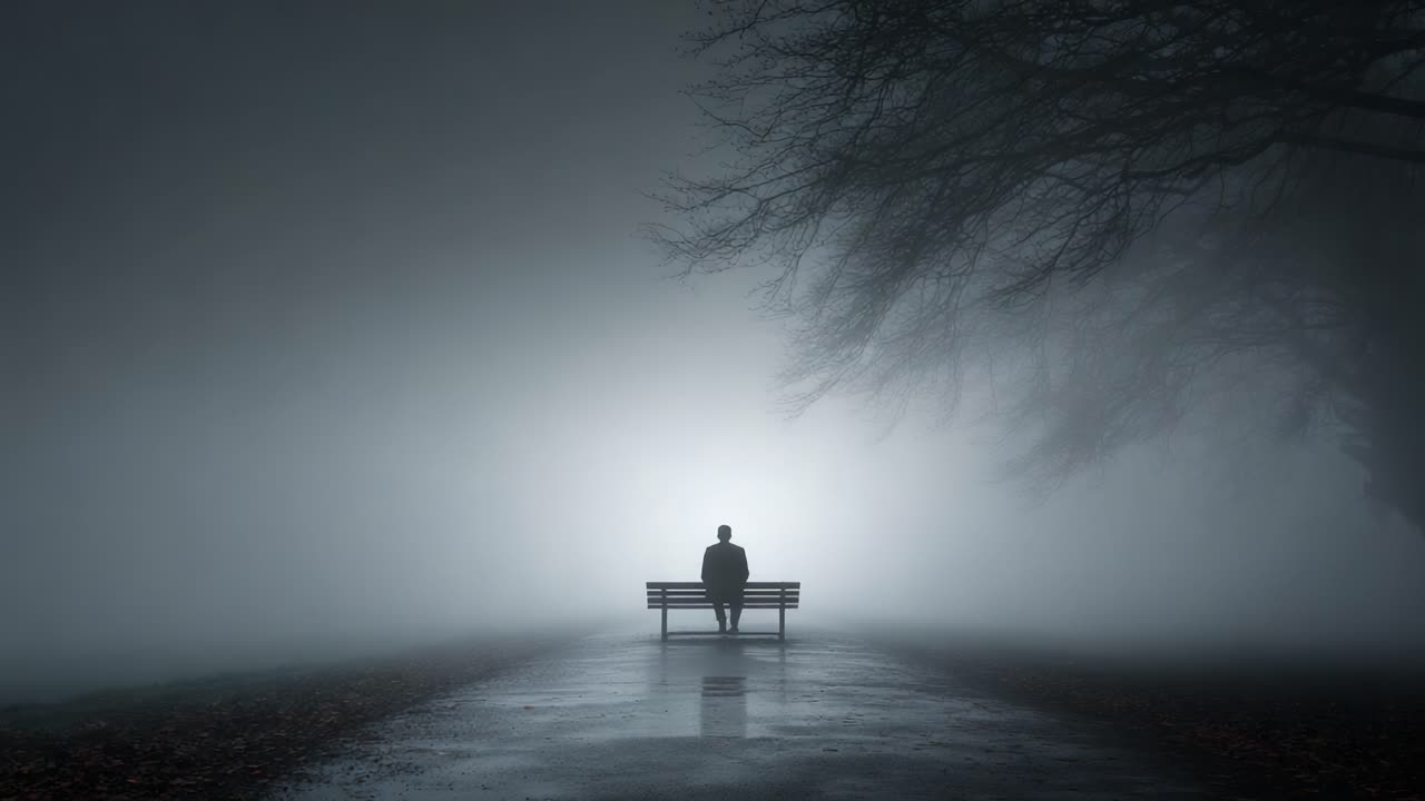 En ensam figur som sitter på en bänk omgiven av tät dimma, vilket symboliserar isolering och reflektion i en mystisk, eterisk miljö