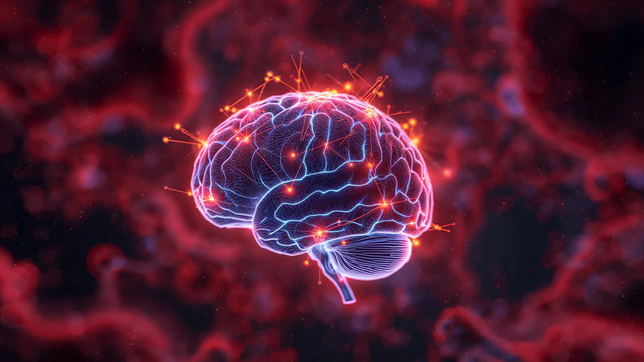 Pulsing neon brain model activating with orange nodes brightening, sending pulses clockwise