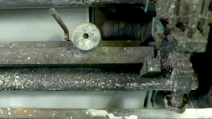 Closeup detail shot of an old and well-worn machine printing green wallpaper, using a tray of liquid light green paint.