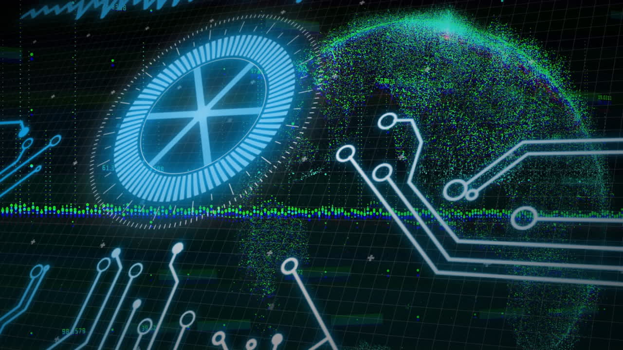 Digital circuit patterns and data processing animation over globe visualization