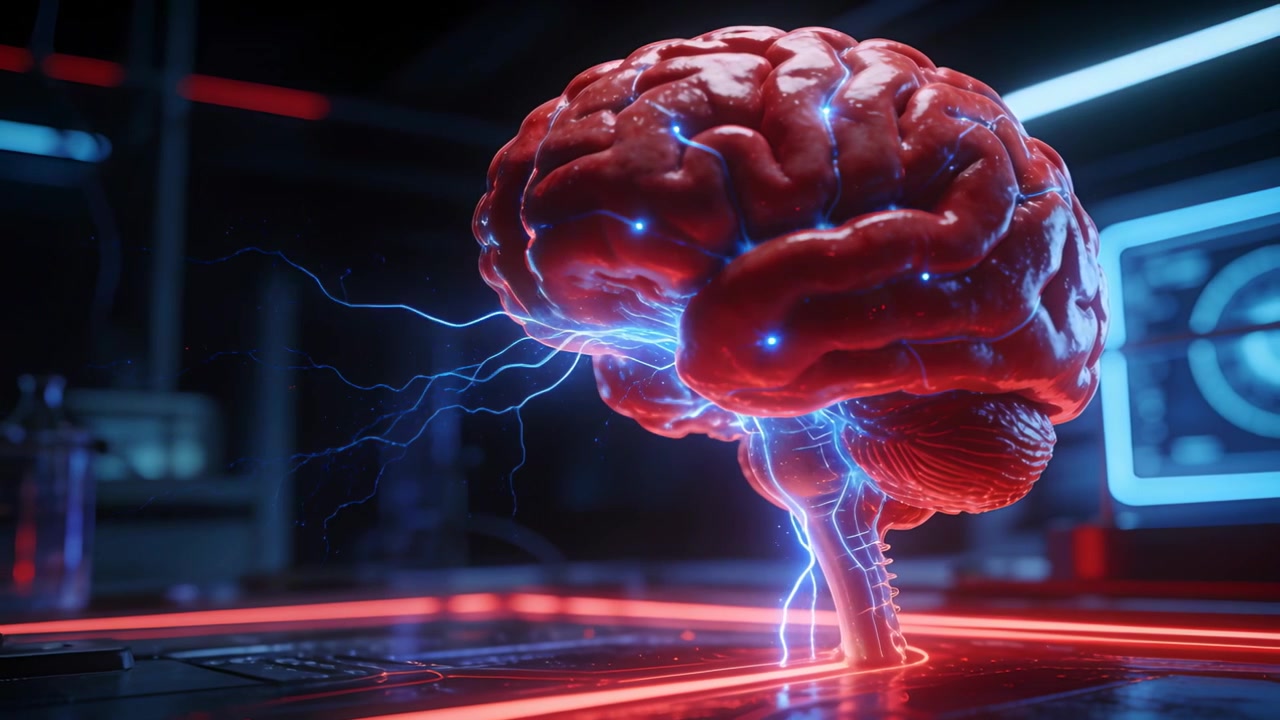 Extending left blue arc connecting red brain in lab for study, pulsing currents and lighting nodes