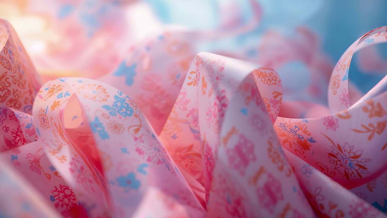 Ribbon-like fabric rippling by gentle pull in digital space, showing floral motifs