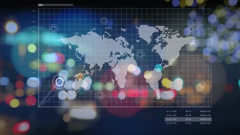 Animación-De-Interfaz-Con-Procesamiento-De-Datos-Y-Mapa-Mundial-Contra-El-Tráfico-Nocturno-De-La-Ciudad