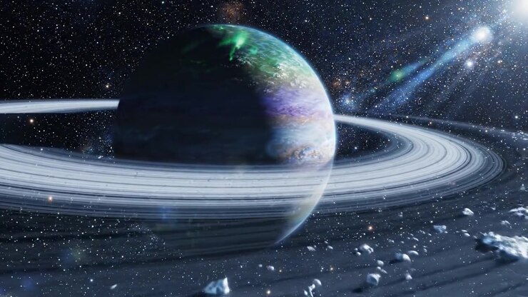 A Stunning Cosmic Scene Featuring a Planet Surrounded by Beautiful Rings and Glittering Stars, Capturing the Majestic Wonder of the Universe
