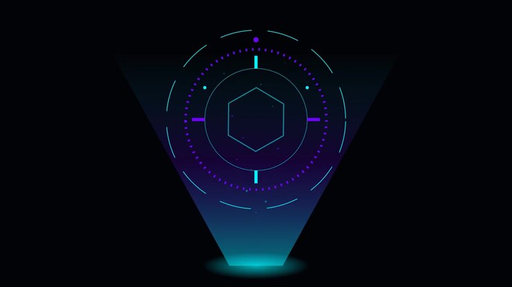 Futuristic Digital Hexagon Interface with Rotating HUD Elements