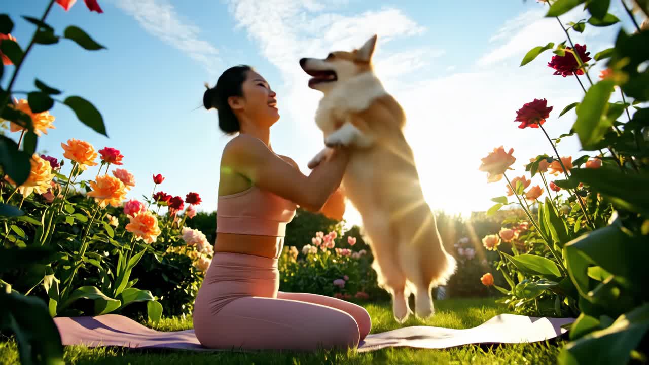 Donna che si gode una giornata di sole con il suo Corgi in un roseto