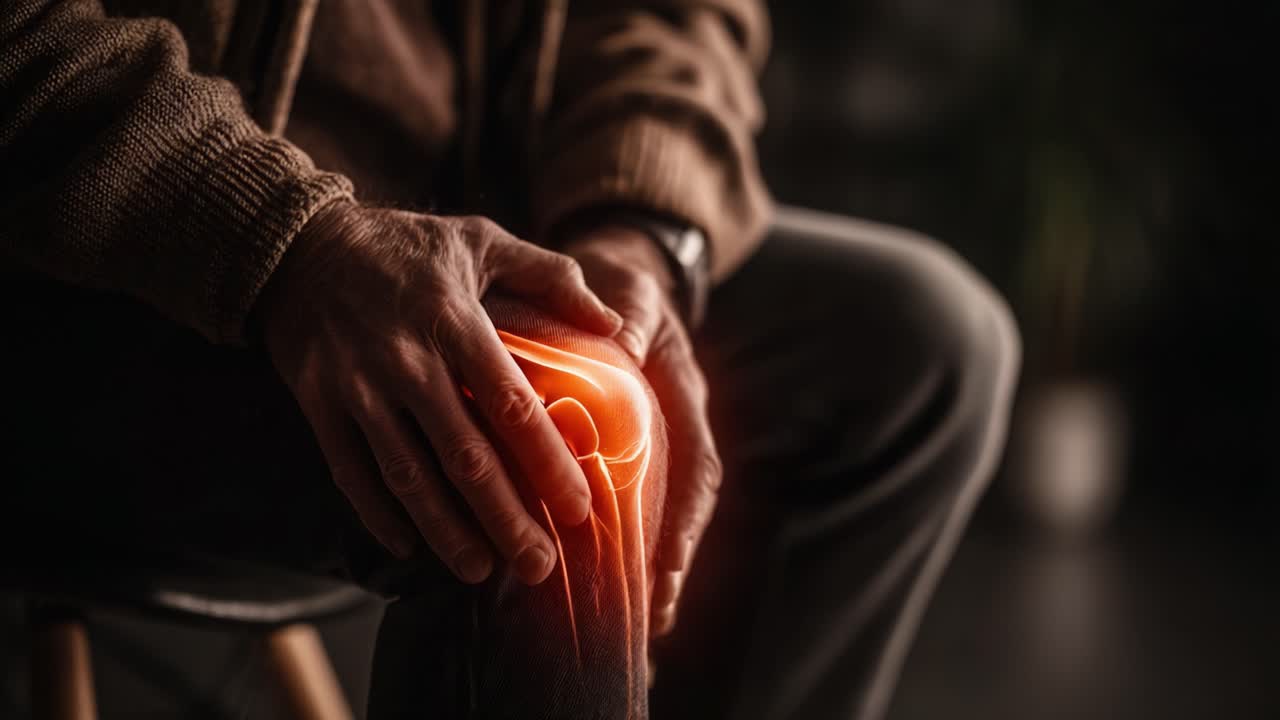 A Close-Up of an Older Man Experiencing Knee Pain, Highlighting the Joint and Surrounding Area with a Soft Glow to Illustrate Discomfort and Inflammation