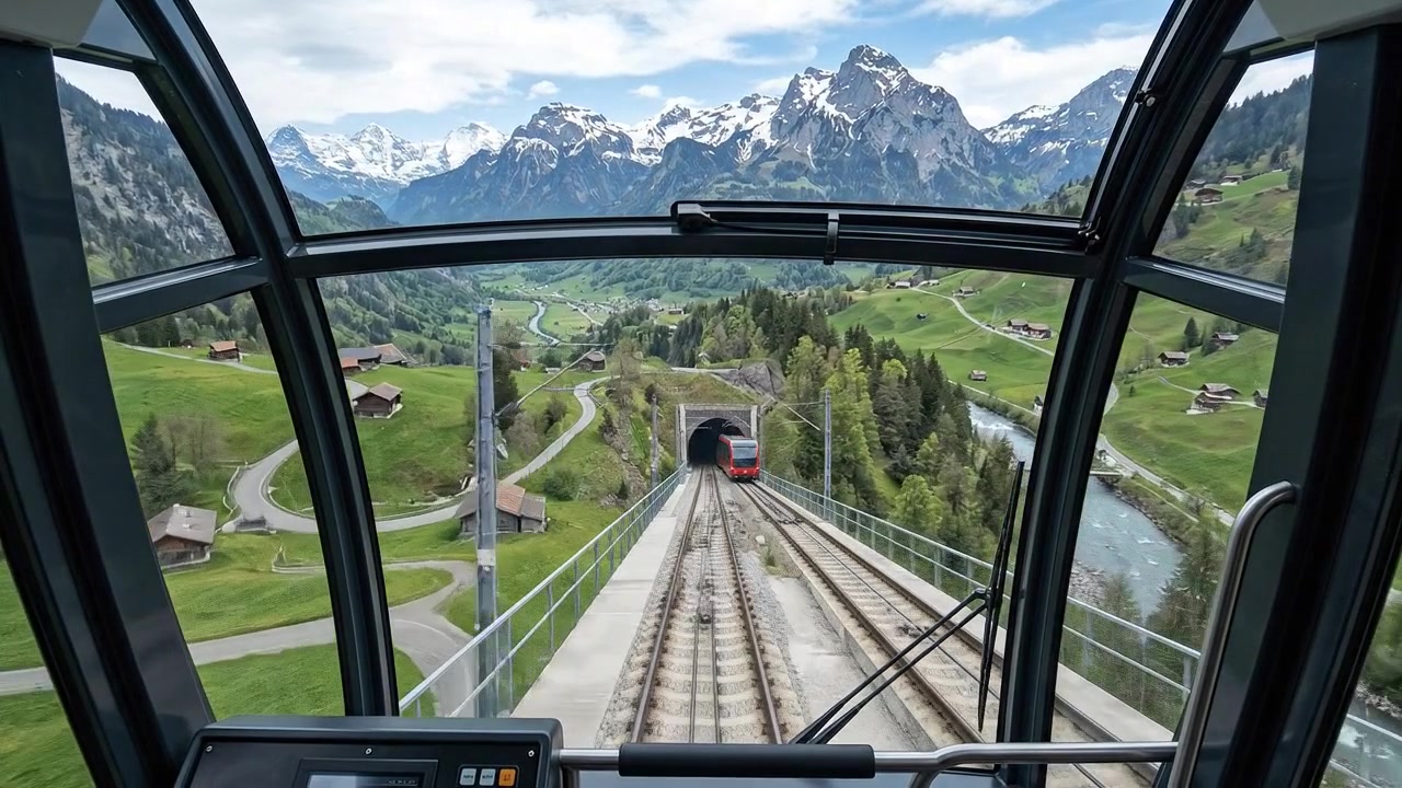 Vista da cabine do trem entrando em túnel de montanha nos Alpes Suíços