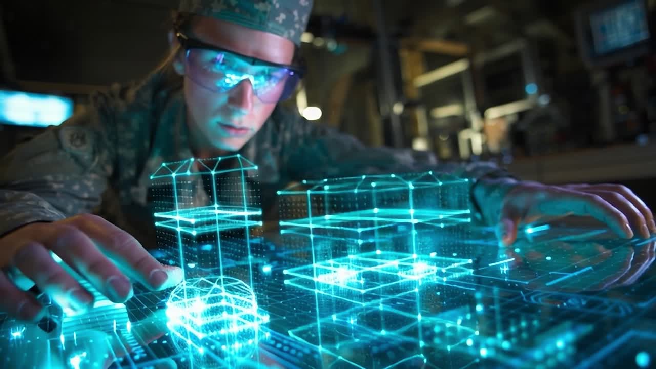 Soldier engaged in advanced technology research in a military lab